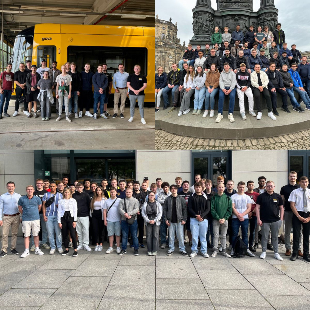 Eine Bildercollage aus drei Bildern mit den Auszubildenden bei ihrem Besuch bei den Verkehrsbetrieben Dresden. 