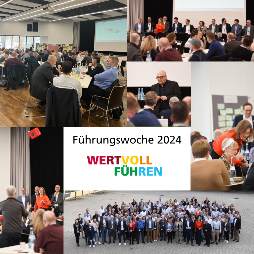 Bildercollage der Führungswoche 2024 mit den Teilnehmenden, wobei das Logo "Wertvoll Führen" und die Überschrift Führungswoche 2024 in der Mitte auf weißen Hintergrund platziert ist.